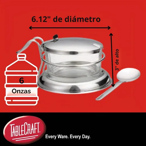 Vista 2 de TableCraft 357 Juego de tarros para condimentos con cuchara, tarro de vidrio transparente de 6 oz con tapa de acero inoxidable 18-8, cuchara