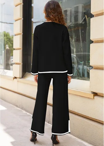 Vista 4 de Himosyber Conjunto de suéter de 2 piezas para mujer, sudadera de punto sin botones y pantalones deportivos