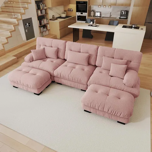 Vista 105 de Sofá modular de gran tamaño de 94 pulgadas, sofás seccionales grandes de color beige y blanco para sala de estar, juego de sofá de terciopelo, sofás