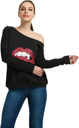 Vista 4 de MAGICMK - Sudaderas con hombro descubierto para mujer, manga larga, estampado de labios, casuales