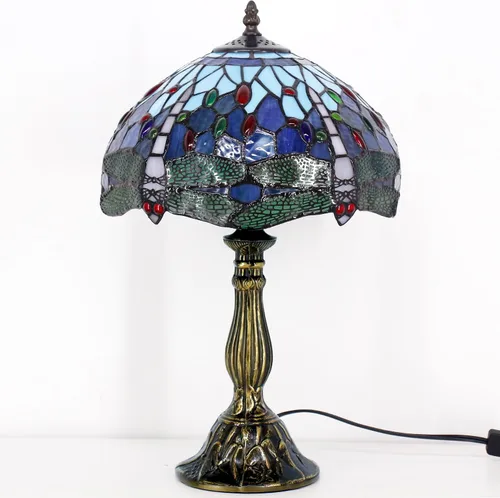 Vista 9 de WERFACTORY Tiffany - Lámpara de mesa con diseño de libélula, estilo libélula azul, para mesita de noche, luz de lectura, 12 x 12 x 18 pulgadas