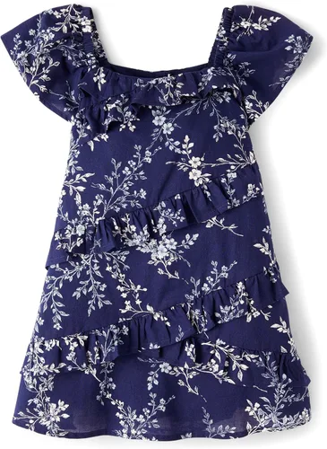 Vista 8 de Gymboree Vestidos escalonados de manga corta para niñas y niñas pequeñas Azul Flores