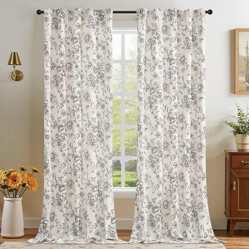Vista 7 de Jinchan - Cortinas de lino floral de 120 pulgadas de largo para sala de estar, 2 paneles Negro sobre beige