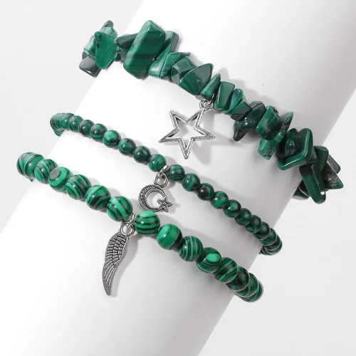 Vista 4 de Juego de 3 pulseras de cuentas de piedra natural para mujeres y hombres, estrellas y luna, alas de ángel, juego de pulseras curativas de reiki