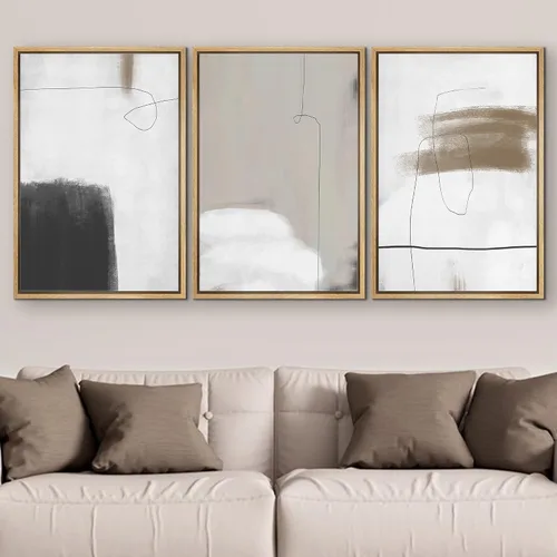 Vista 354 de SIGNFORD - Set de obras de arte en lienzo enmarcado para pared, ilustraciones abstractas de neblina del desierto en tonos neutros beige y marrón