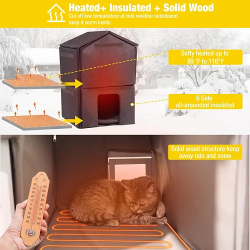 Vista 2 de Aivituvin Casa para gatos climatizada para gatos exteriores, resistente a la intemperie y aislada, casa para gatos con alfombrilla térmica, refugio