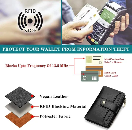 Vista 4 de SENDEFN Cartera pequeña de cuero para mujer, con bloqueo RFID, tarjetero con doble cremallera, monedero plegable