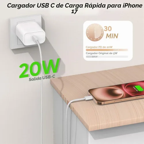 Vista 2 de Paquete de 3 cargadores USB C para iPhone 17 de carga rápida, cargador de pared de puerto tipo C de 20 W con cable trenzado USB C a C, compatible