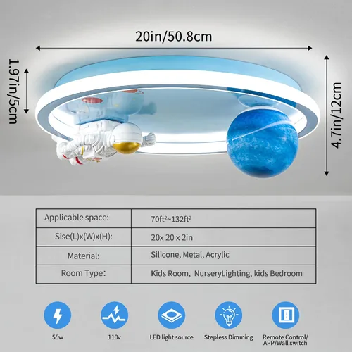 Vista 5 de Shine LUEST Lámpara de techo de astronauta de 20 pulgadas regulable para niños, luces de techo empotradas para dormitorio, lámpara LED de 3000