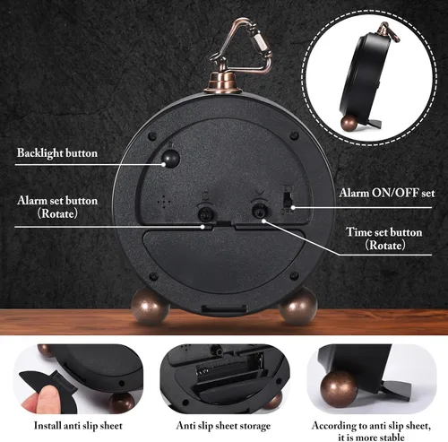 Vista 5 de Tetino Reloj despertador analógico, reloj de escritorio alimentado por batería con luz nocturna, silencioso, sin tictac, reloj despertador de diseño