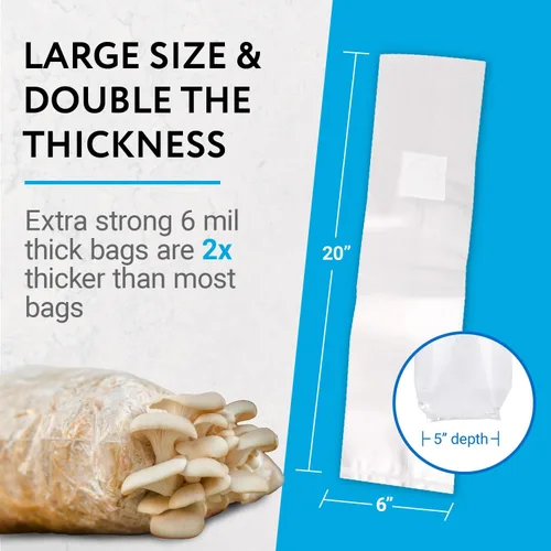 Vista 3 de Impresa Bolsas de cultivo de hongos, paquete de 50 unidades, 6 mil, 6 x 5 x 20 pulgadas, bolsas transparentes de pie, lavables en autoclave