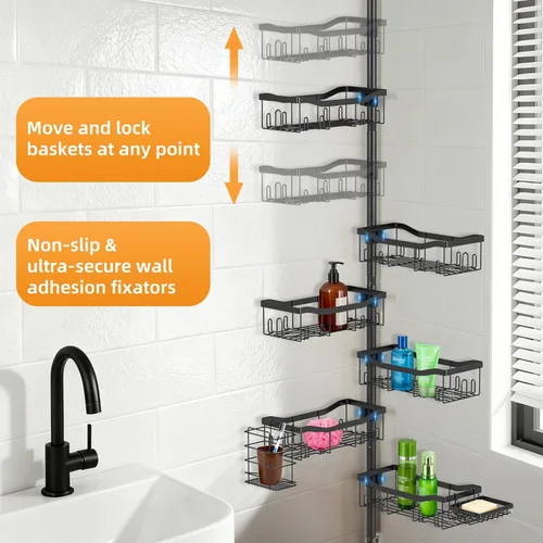 Vista 5 de Estante organizador de ducha con barra de tensión de 6 niveles, estante organizador de baño, soporte ajustable para champú y bañera con toallero, 2