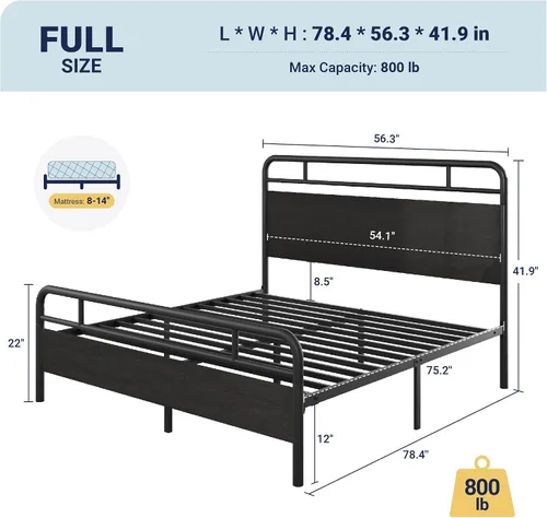 Vista 2 de Allewie Base de cama de plataforma de tamaño completo con cabecera y pie de cama de madera, soporte de 13 listones de metal resistente