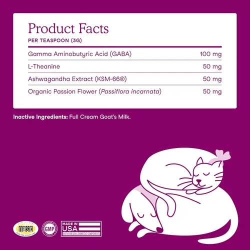Vista 6 de Fera Pets Leche de Cabra - Suplemento Calmante para Perros y Gatos - Ashwagandha, L-Teanina y Flor de la Pasión - Apoya el Alivio de la Ansiedad