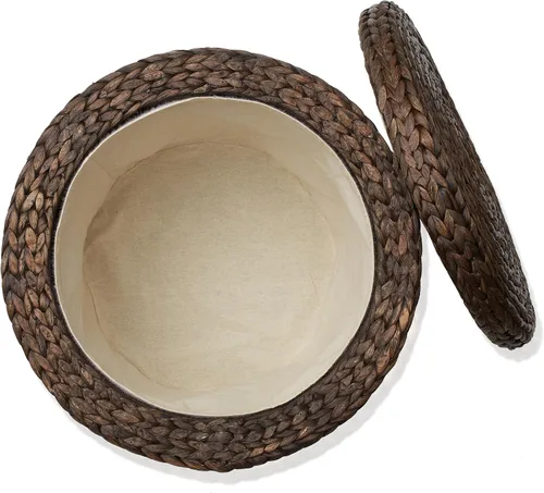 Vista 6 de Casafield Otomana de Almacenamiento Redonda de 17" con Tapa - Espresso, Reposapiés de Jacinto de Agua Tejido a Mano para Sala de Estar, Dormitorio