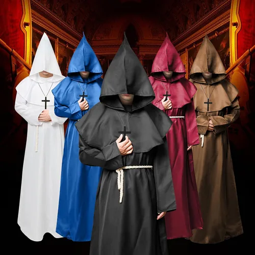 Vista 2 de Disfraz de fraile medieval renacentista, monje con capucha, disfraz de Halloween
