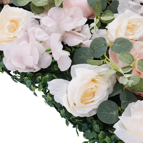Vista 8 de Paneles de flores artificiales para decoración de pared, 6 piezas de rosas falsas, peonía, eucalipto, telón de fondo de pared de rosas para fiesta 6