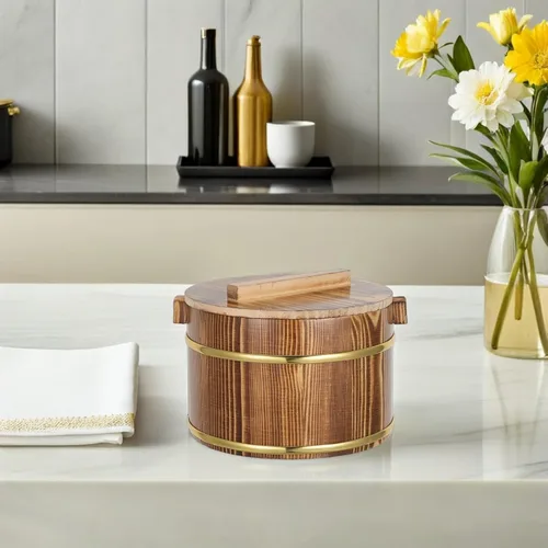 Vista 7 de DOITOOL Cubo de arroz de madera para cocinar arroz, cubo de vapor para sushi, cuenco de arroz japonés Hangiri Sushi Oke Rice Mixing Tub con tapa