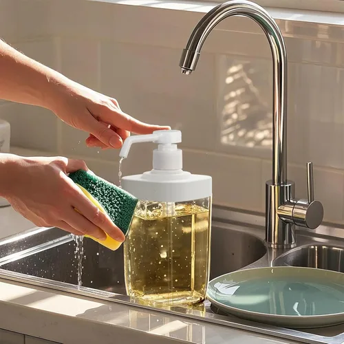 Vista 2 de Dispensador de Jabón de Cocina con Soporte para Esponja, Organizador de Jabón para Platos de Gran Capacidad de 800ml, Organizador de Fregadero a