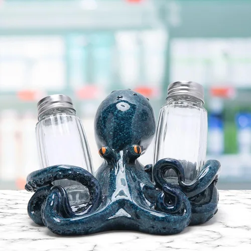 Vista 5 de Hodao Figuras de pulpo con salero y pimentero, juego de pulpo con soporte para bar de playa o decoración de cocina tropical, decoración de mesa
