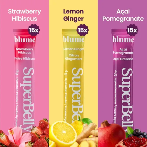 Vista 2 de Blume Paquete variado de hidratación SuperBelly – Fresa, Açaí, Limón