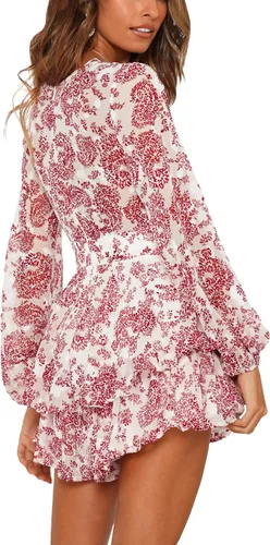 Vista 3 de DOFEEYA Enterizo corto floral con cuello en V y manga holgada, vestido de verano casual con lazo en la cintura, dobladillo con volantes
