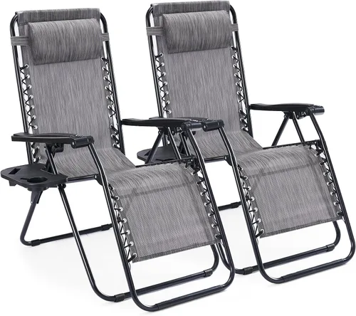 Vista 10 de Silla de gravedad cero Sweetcrispy, juego de 2 sillas reclinables portátiles para playa, camping, patio, exterior, plegables, con portavasos y Negro