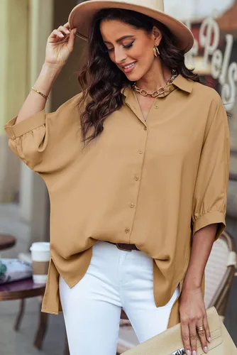 Vista 3 de Sidefeel Womens Summer Oversized 34 Sleeve Button Down Shirts Side Slit Dressy Casual Blouses Loose Fit Tunic Tops