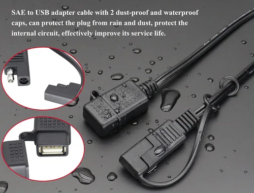 Vista 7 de Cable SAE a USB de 18 AWG, SAE a 2.1 A, adaptador de conector de enchufe de alimentación de puerto USB impermeable con cubierta a prueba de polvo