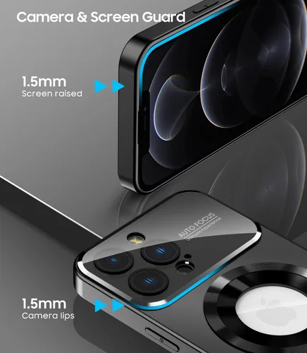 Vista 4 de MAKAVO Funda magnética para iPhone 12 Pro, compatible con MagSafe, protector de lente de cámara integrado, vista de logotipo, funda de teléfono a