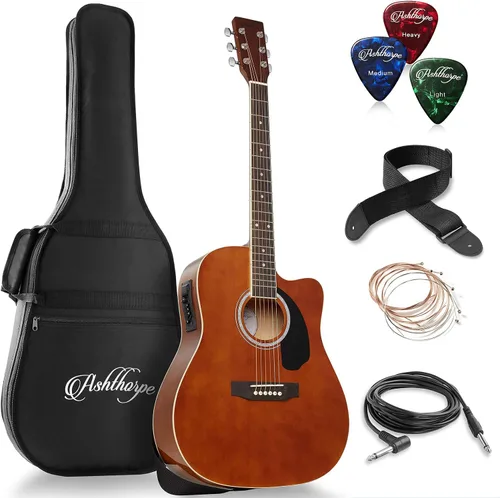 Vista 11 de Ashthorpe Paquete de Guitarra Acústico-Eléctrica Dreadnought Cutaway de Tamaño Completo - Maderas Tonales Premium - Negro