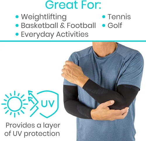 Vista 5 de Vive Manga de compresión para el brazo, soporte de codo con protección UV, envoltura refrescante para el dolor, deportes negros aptos para pesca