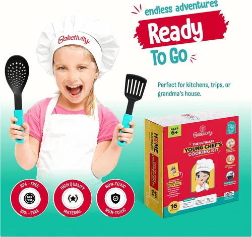 Vista 5 de Baketivity Juego de cocina para niños, utensilios reales con guía de herramientas de cocina, juego completo de cocina junior regalo para niñas