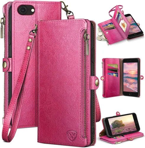 Vista 16 de XcaseBar Compatible con iPhone SE 3rd/7/8 Funda tipo cartera con cremallera y tarjetero de crédito [bloqueo RFID], funda de piel sintética con tapa