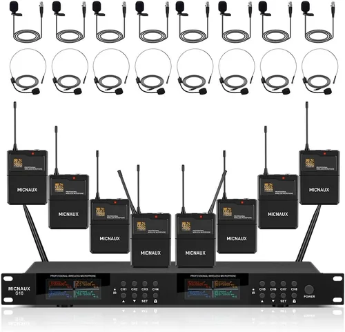 Vista 10 de Sistema de micrófono inalámbrico de solapa con auriculares y micrófonos Lavalier, juego de micrófonos UHF Pro de 4 canales con transmisor de paquete