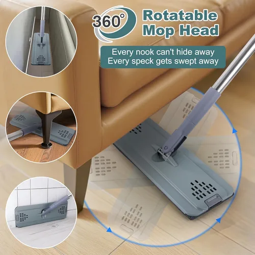 Vista 7 de Trapeador plano con 3 almohadillas, mopas de microfibra para limpieza de pisos con mango ajustable de 73.7-124.5 cm, mopa de polvo para pisos