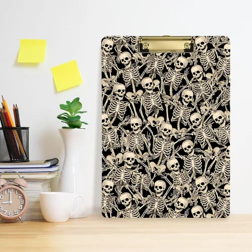 Vista 5 de ALAZA Fun Skeletons - Portapapeles de acrílico tamaño carta A4 con clip de perfil bajo para oficina en casa, hombres y mujeres, clip de color dorado