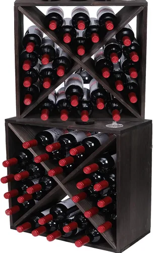 Vista 4 de Estantes de vino para encimera, madera maciza, apilables, cubo rústico retro, 48 botellas, estante de vino de madera (48 botellas, negro)