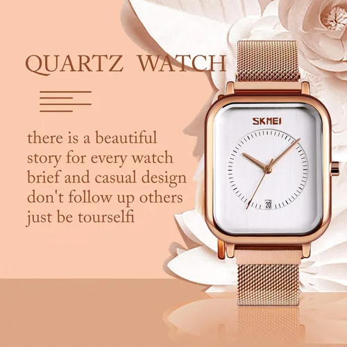 Vista 2 de SKMEI Reloj de pulsera para hombres y mujeres, reloj analógico de cuarzo impermeable a la moda con fecha de hora, esfera rectangular, reloj de mano
