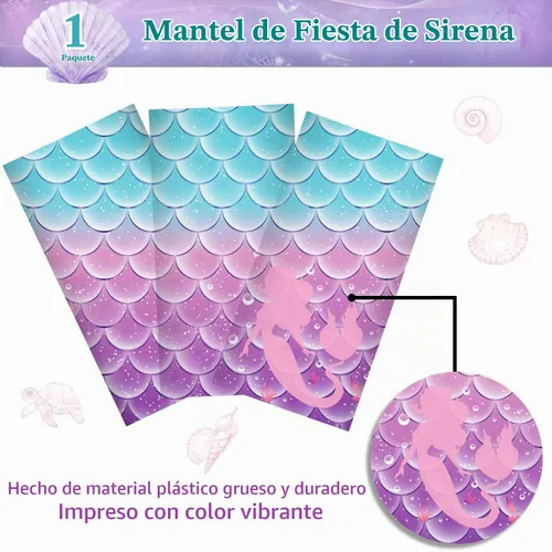 Vista 3 de 1 mantel de decoración de fiesta de cumpleaños de sirena, funda de mesa de plástico desechable para princesa bajo el mar, suministros de fiesta