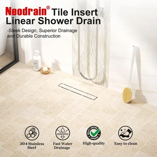 Vista 4 de Neodrain Drenaje de ducha lineal de 18 pulgadas con rejilla de inserción de azulejos, desagüe de suelo de ducha rectangular de acero inoxidable