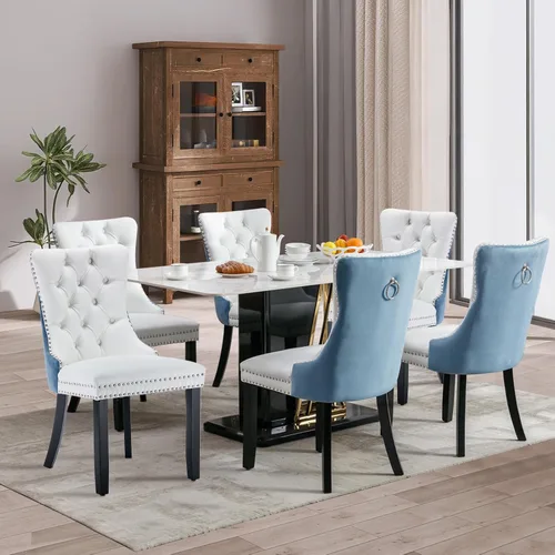 Vista 131 de SoarFlash Juego de 2 sillas de comedor de terciopelo, silla lateral de respaldo alto, silla lateral moderna tapizada de alta gama con botones Beige
