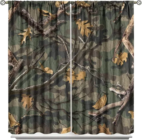 Vista 55 de Cortinas opacas de camuflaje de bosque, animales salvajes, osos, ciervos, alces, con bolsillo para barra, para sala de estar, dormitorio, decoración
