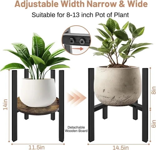 Vista 2 de Soporte ajustable para plantas de interior moderno de mediados de siglo, se adapta a macetas de 8 a 13 pulgadas, taburete de madera estable