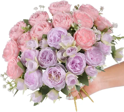 Vista 24 de 2 racimos de flores artificiales de peonía beige, ramo de peonías de seda para bodas, fiestas, centros de mesa, arreglos florales, decoración
