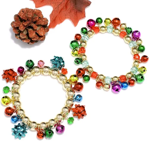 Vista 5 de ARATLENCH Pulsera de campanas de cascabel de Navidad, arco colorido, muñeco de nieve, árbol de Navidad, pulsera elástica con cuentas, novedosa