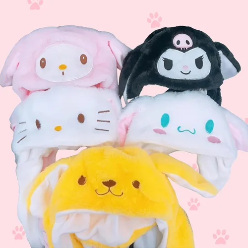 Vista 7 de Gorro de salto con orejas de Kawaii en movimiento, lindo gorro mullido de dibujos animados suave y cálido para el invierno, sombreros de felpa
