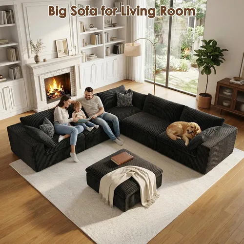 Vista 9 de 118" Cloud Couch Oversized Modular Sectional Sofa, Boneless L-Shaped 6 Seater Deep Seat Couch with Ottoman, Soft Corduroy Upholstery, DIY Negro