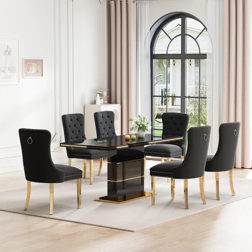 Vista 19 de Mesa de comedor moderna negra para 6 personas, mesa de cocina rectangular de 63 pulgadas con acabado lacado dorado y base de pedestal de acero