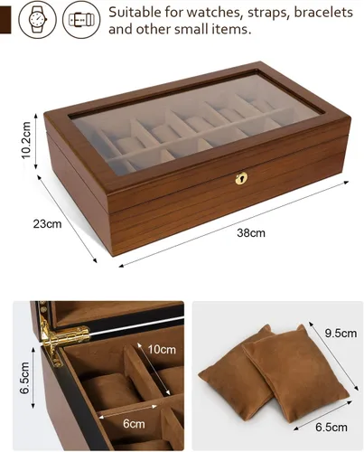 Vista 5 de Uten Caja de reloj con 12 ranuras, organizador de caja de reloj con cerradura dorada y llave, caja de almacenamiento de madera con cojines de reloj